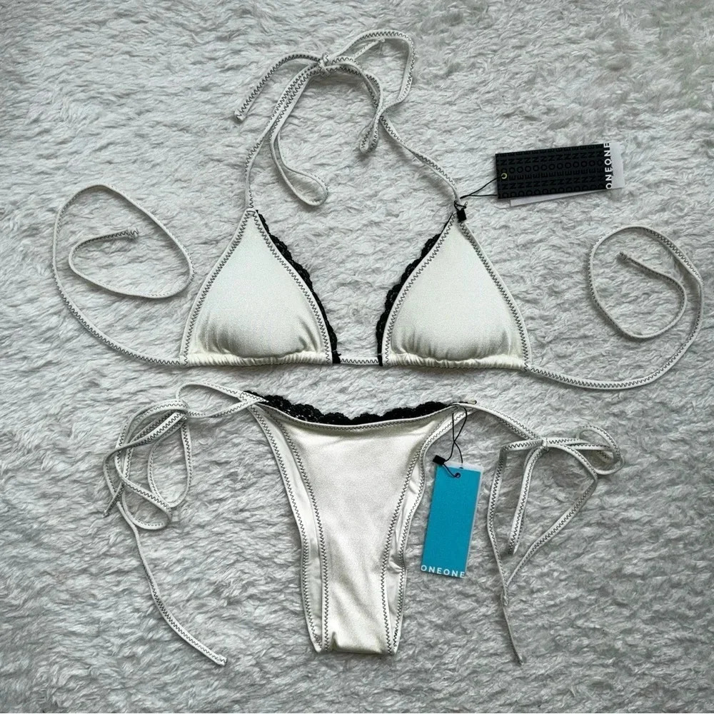 NWT OneOne Swimwear Bikini Set Holbox Cream Pearl Black Lace Ariel Triangle New - Picture 3 of 14